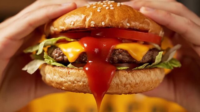 Delicious burger with dripping ketchup held by hands