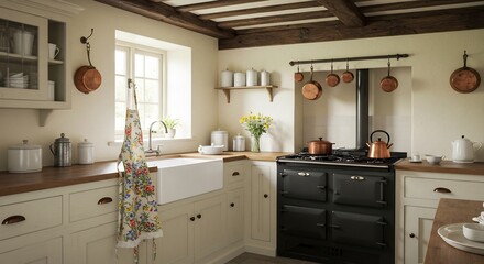 Fototapeta premium Rustic Cream Kitchen Warmly Lit Copper Pots Gleam. AI Generated