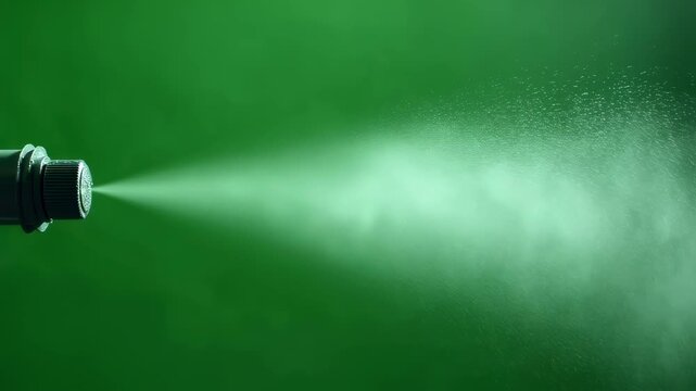 Fine water mist emitted from spray nozzle set against green screen highlighting crisp particle texture and ideal for use in creative effects or product spotlight videos.