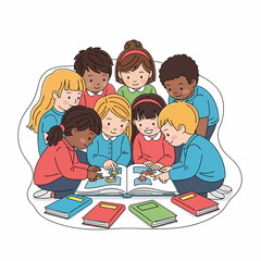 Group of diverse children gathered around a book, engrossed in reading and collaborative learning.