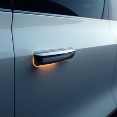 Fototapeta premium Sleek and modern white car door handle featuring elegant ambient illumination, highlighting advanced automotive design and sophisticated vehicle technology with a futuristic aesthetic