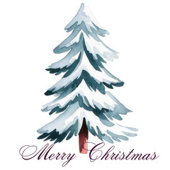 Obraz premium Watercolor Christmas Tree with Merry Christmas Text
