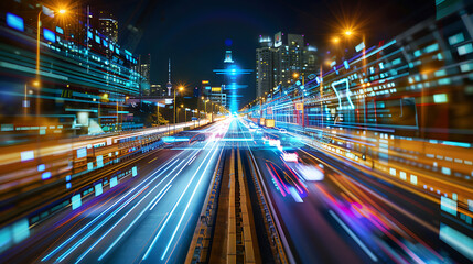 Fototapeta premium Nighttime cityscape with light trails from moving vehicles on a busy urban highway