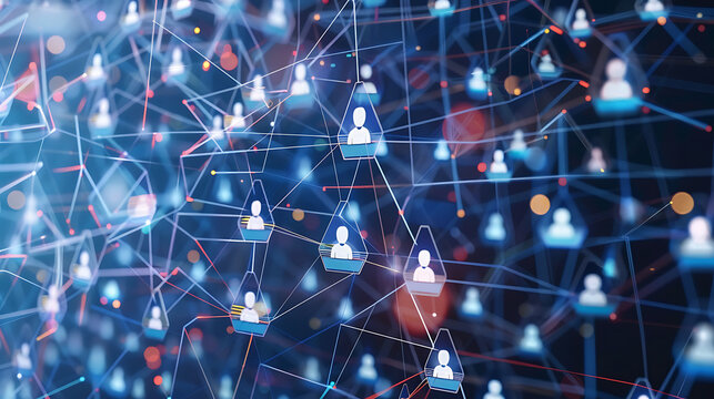 Digital network of interconnected user profiles with glowing nodes and links in a futuristic cyber space