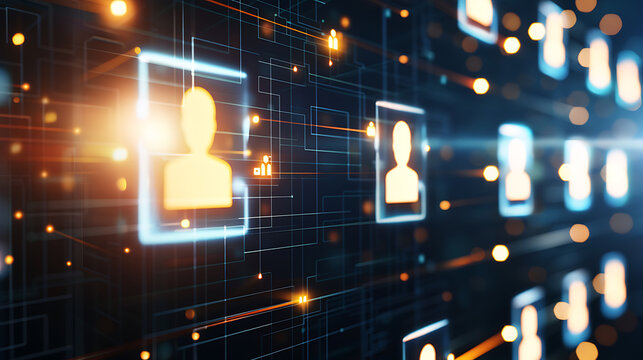 Digital user profile icons displayed on a futuristic network interface with glowing connections and data streams
