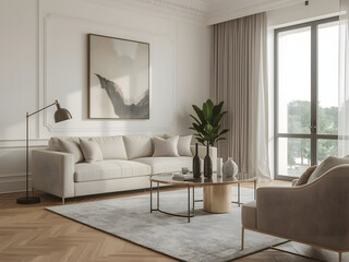 Naklejka premium Serene Living Room Interior Design: A spacious and sunlit living room showcasing a modern aesthetic. Features include a comfortable beige sectional sofa, a stylish coffee table, decorative plants.