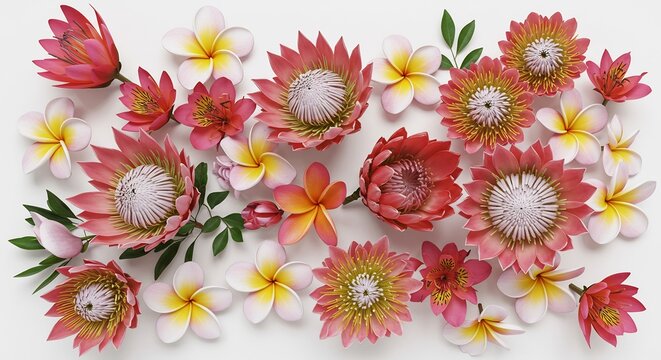 Vibrant pink proteas and fragrant plumeria blossoms artfully arranged against a bright white background. AI Generated