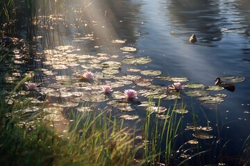 Spring pond reflections lily pads blooming ducks gliding past soft grass in foreground and early sunbeams flickering on the water Peaceful and meditative