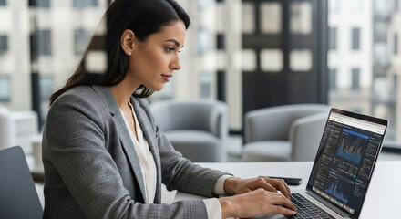 Young professional it specialist latin hispanic business lady working on laptop pc sitting at desk in modern office space. 30s middle eastern indian woman using computer technology app for work online