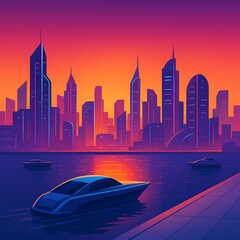Futuristic city skyline with modern yachts on the water at sunset, vibrant colors and sleek architecture