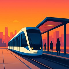 Vibrant urban transport scene at sunset, featuring a modern light rail train arriving at a city station with silhouetted commuters against a picturesque skyline