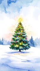Watercolor Christmas tree in snowy landscape