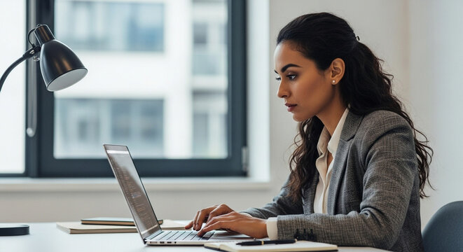 Young professional it specialist latin hispanic business lady working on laptop pc sitting at desk in modern office space. 30s middle eastern indian woman using computer technology app for work online - Powered by Adobe