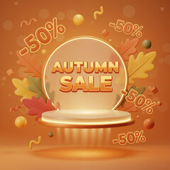3D autumn sale banner with glowing frame, colorful leaves, and -50% discount text on orange background, perfect for seasonal promotions, fall shopping offers, retail advertising, and marketing design.