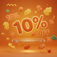 3D autumn sale promotion with 10% off text, pumpkins, acorns, and falling autumn leaves on orange background, perfect for seasonal discounts, fall offers, shopping, and retail marketing campaigns.