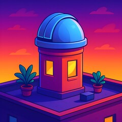 Observatory on a Rooftop Under a Vibrant Sunset Sky