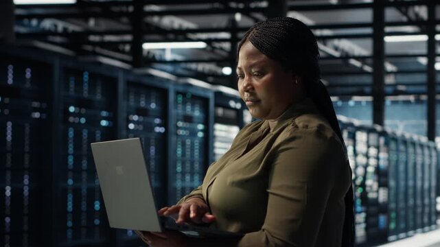 Software developer in data center using laptop to upgrade systems for increased stability. Server hub employee configuring equipment rigs with notebook for optimum performance, camera B