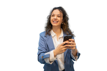 Fototapeta premium Professional businesswoman laughing, using smartphone against transparent background