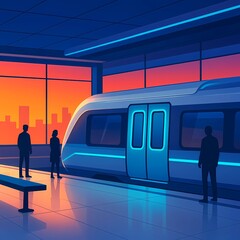 Subway Station Silhouette Passengers Await Train at Sunset