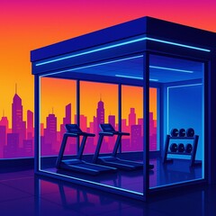 Futuristic Gym with Treadmills and Cityscape at Sunset