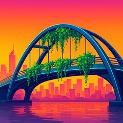 Vibrant Arch Bridge Adorned with Lush Greenery Over a City Skyline at Sunset
