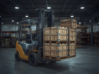 Forklift and Goods Transportation: A dynamic perspective captures a forklift in operation, meticulously moving crates within a warehouse setting, ready for dispatch and distribution.