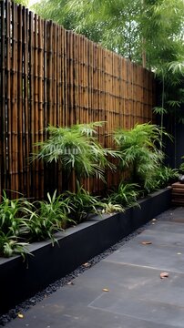 Zen garden tranquility a bamboo fence with flourishing plants in a peaceful outdoor setting