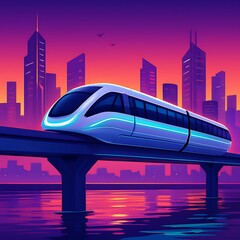 Sleek futuristic maglev train on elevated track, embodying advanced urban mobility and technological innovation, against a vibrant city skyline at twilight