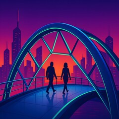 A couple walks hand-in-hand across a futuristic bridge at sunset, with a vibrant cityscape in the background, bathed in neon lights and purples