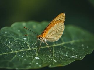 Fototapeta premium Butterfly Serenity: A delicate butterfly, with wings of pale hues, rests gently upon a vibrant green leaf adorned with tiny water droplets, creating a sense of tranquil beauty and intricate detail.
