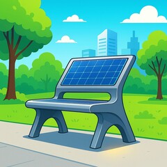 A modern park bench with integrated solar panels, providing a sustainable and tech-savvy seating solution in an urban green space