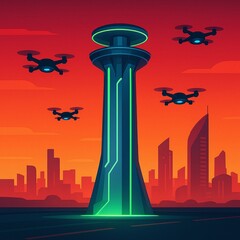 Futuristic city landscape with glowing tower and surveillance drones