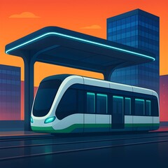Modern light rail train arriving at a futuristic station with glowing lights and city skyline background at sunset