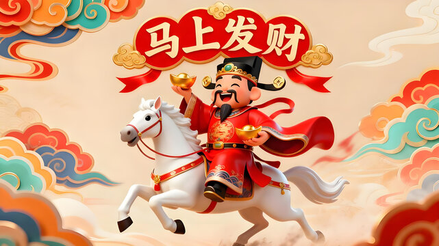 The God of Wealth rides a white horse to get rich and celebrate with blessings. Creative image material