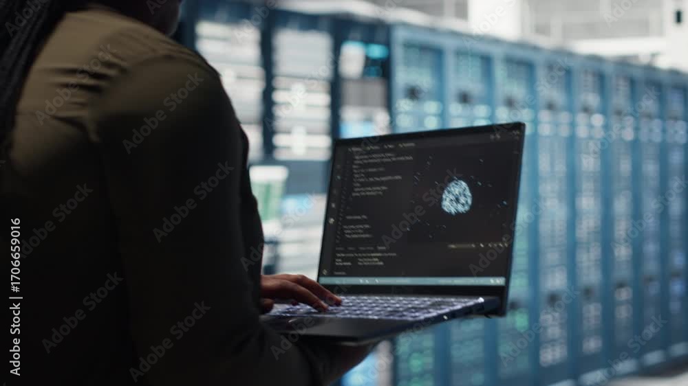 Poster data center engineer doing ai data analysis on laptop to upgrade infrastructure. server room worker 