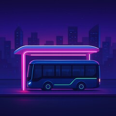 Futuristic Bus Stop Neon Lights in a Cityscape Illustration