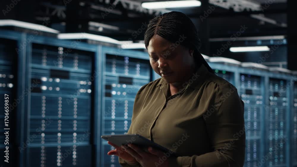 Aufkleber data center engineer using app on tablet to ensure error free rigs networks for intense computationa
