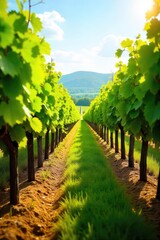 Naklejka premium Sunlight dapples rows of ripening grapes in a picturesque vineyard, ready for harvest The vines are lush and green, promising a bountiful yield of delicious wine , grapes, winegrowing