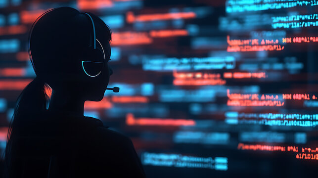 Silhouette of a person wearing a headset against a background of glowing digital code