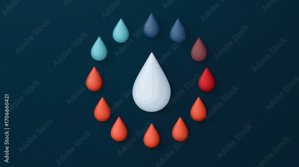 Poster a minimalist design featuring colorful droplets arranged in a circular pattern around a central whit