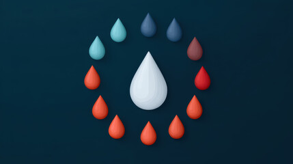 Fototapeta premium A minimalist design featuring colorful droplets arranged in a circular pattern around a central white droplet on a dark background.