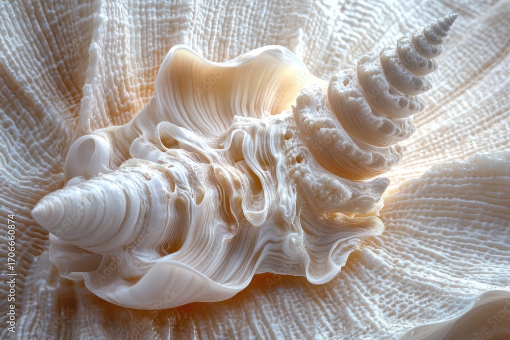 Poster close-up of a seashell, showcasing intricate textures and swirling patterns.