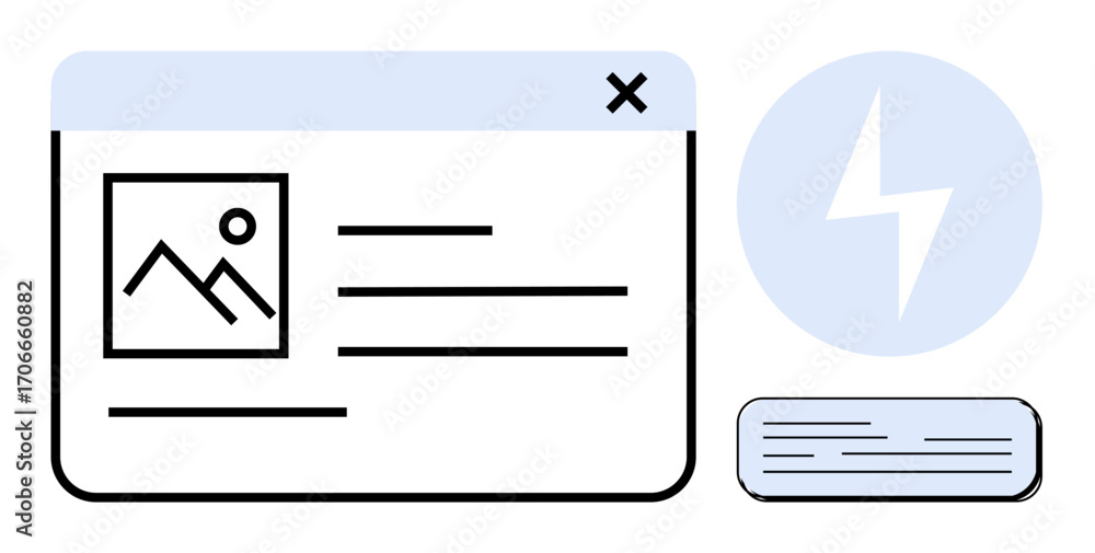 Poster digital window layout with image placeholder, text lines, power bolt icon, and button. ideal for des