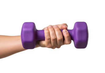 Hand holding purple dumbbell isolated on white background, fitness equipment for strength training, exercise, bodybuilding, gym workout, and healthy lifestyle