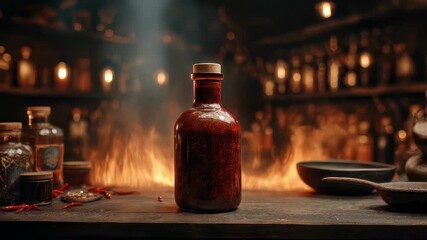 Medium shot of a smoky craft hot sauce bottle with rich amber color sharply in focus blurred fiery kitchen background accentuates the sauces deep flavor profile.