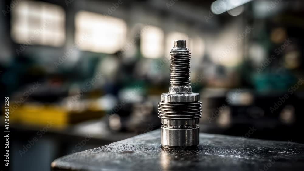 Poster detailed view of a tractor engine valve part in clear focus contrasted with a softly blurred worksho