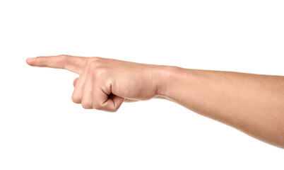 Man touching something on white background, closeup