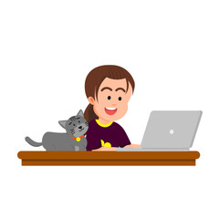 A little girl at her study desk with a cat beside the laptop