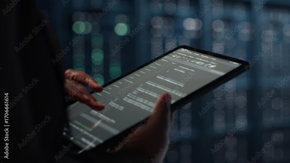 Leinwandbilder close up of programmer in data center using tablet to implement advanced power management solutions.