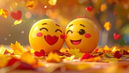 Two happy yellow emojis, autumn leaves, and hearts